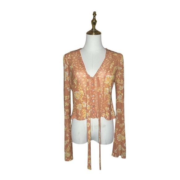 Free People Orange Long Sleeve Sheer Button Up Top Size XS Floral V-neck - Picture 1 of 12